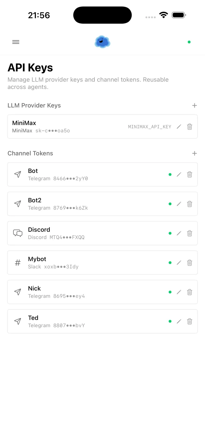 Onepilot API keys and channel tokens manager on iPhone