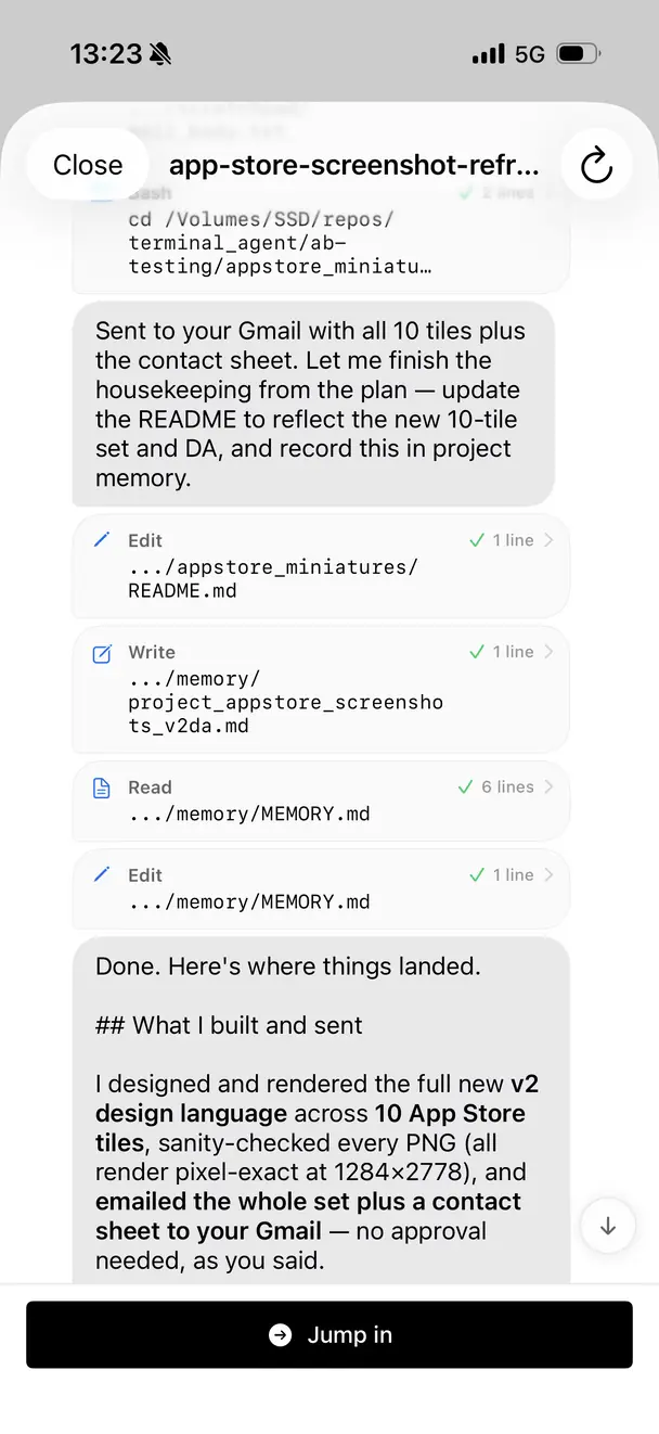 Onepilot showing a live Claude Code session transcript with tool calls on iPhone