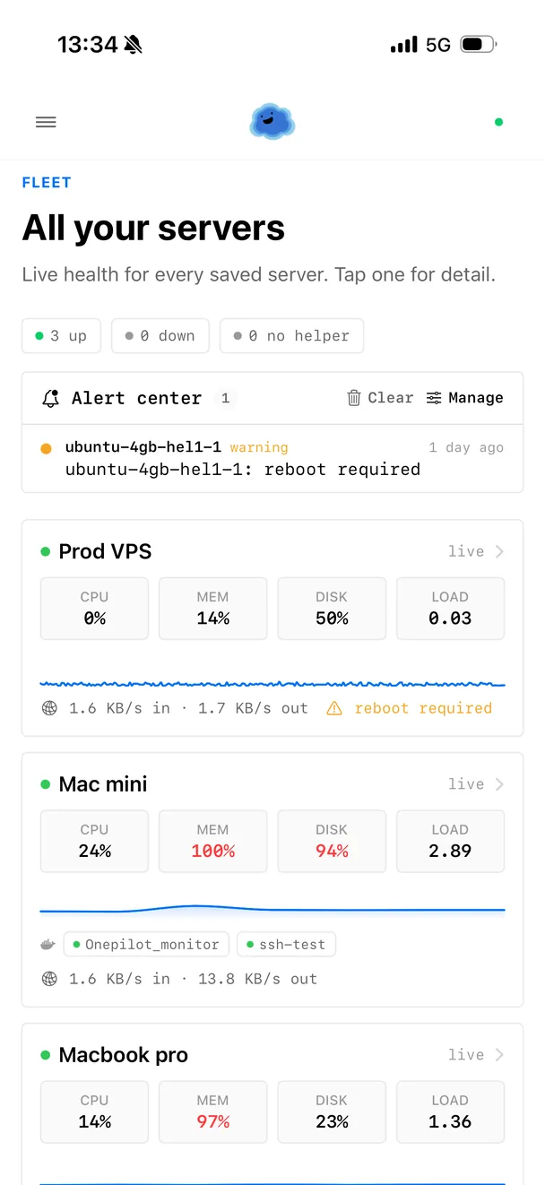 Onepilot fleet monitoring showing CPU, memory and disk graphs per server on iPhone