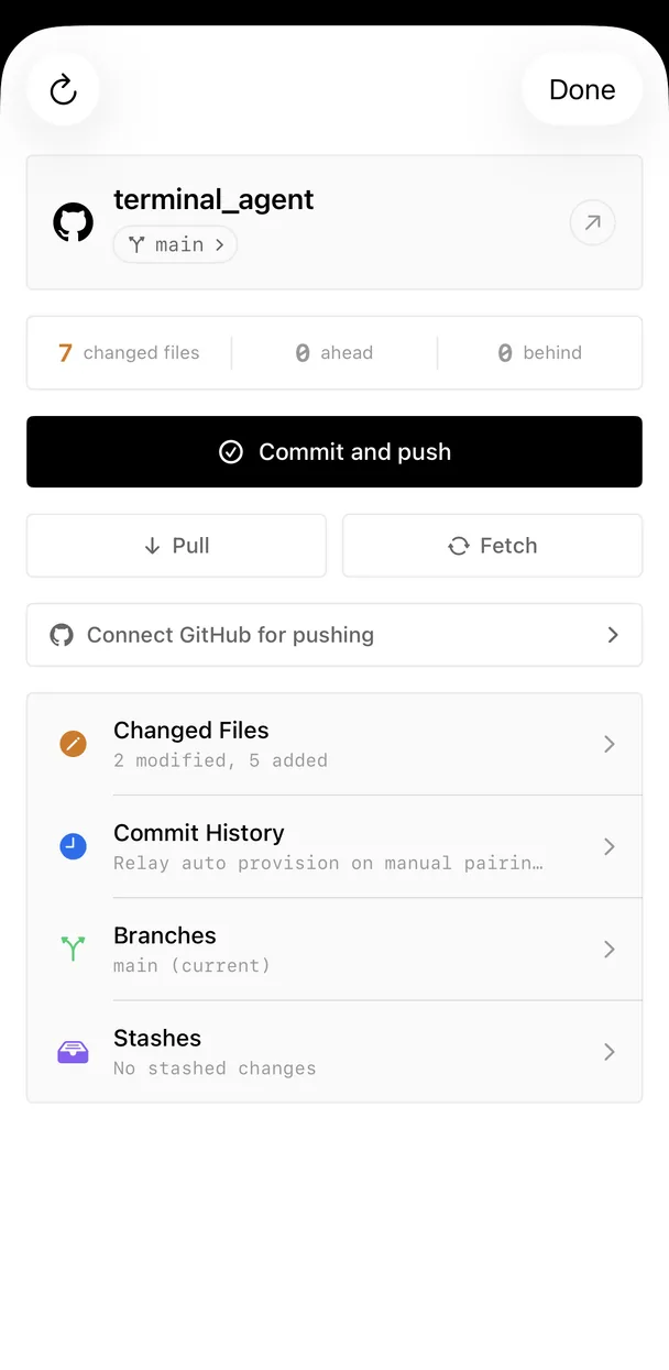 Onepilot git panel showing a file diff and commit flow on iPhone