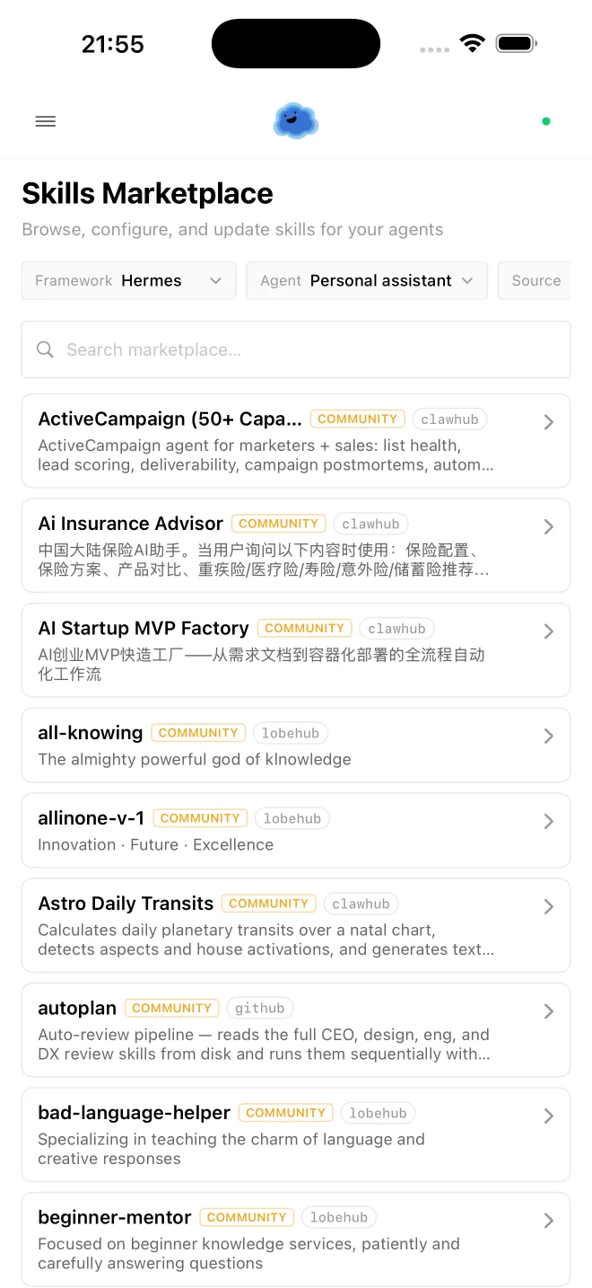 Onepilot skills marketplace on iPhone
